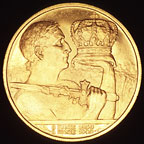 Obverse of a Romanian gold 10 graben coin issued to comemmorate the 10th aniversary of King Carol II's reign in 1940. 