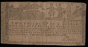 Front of a $2/3 note issued by the Provincial Convention of Maryland on July 26, 1775.