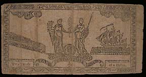 Back of a $2/3 note issued by the Provincial Convention of Maryland on July 26, 1775.
