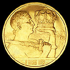 Obverse of a Romanian gold 10 graben coin issued to comemmorate the 10th aniversary of King Carol II's reign in 1940, after retouching.